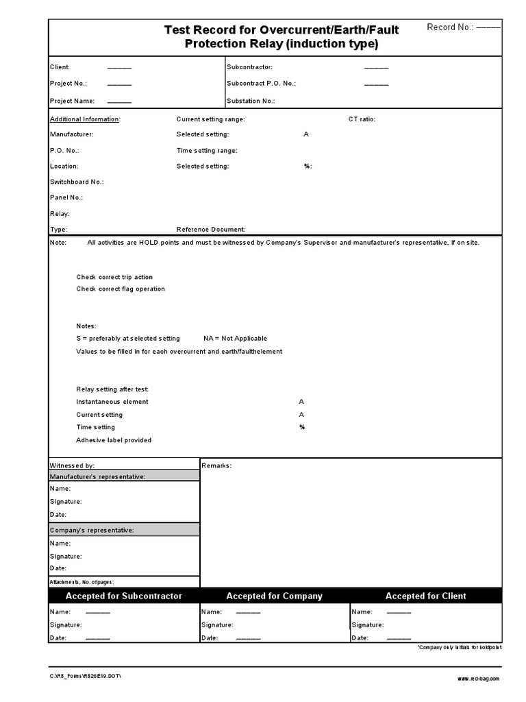 Test Record For Overcurrent - Earth Fault - Prot Relay-Induction Type ...