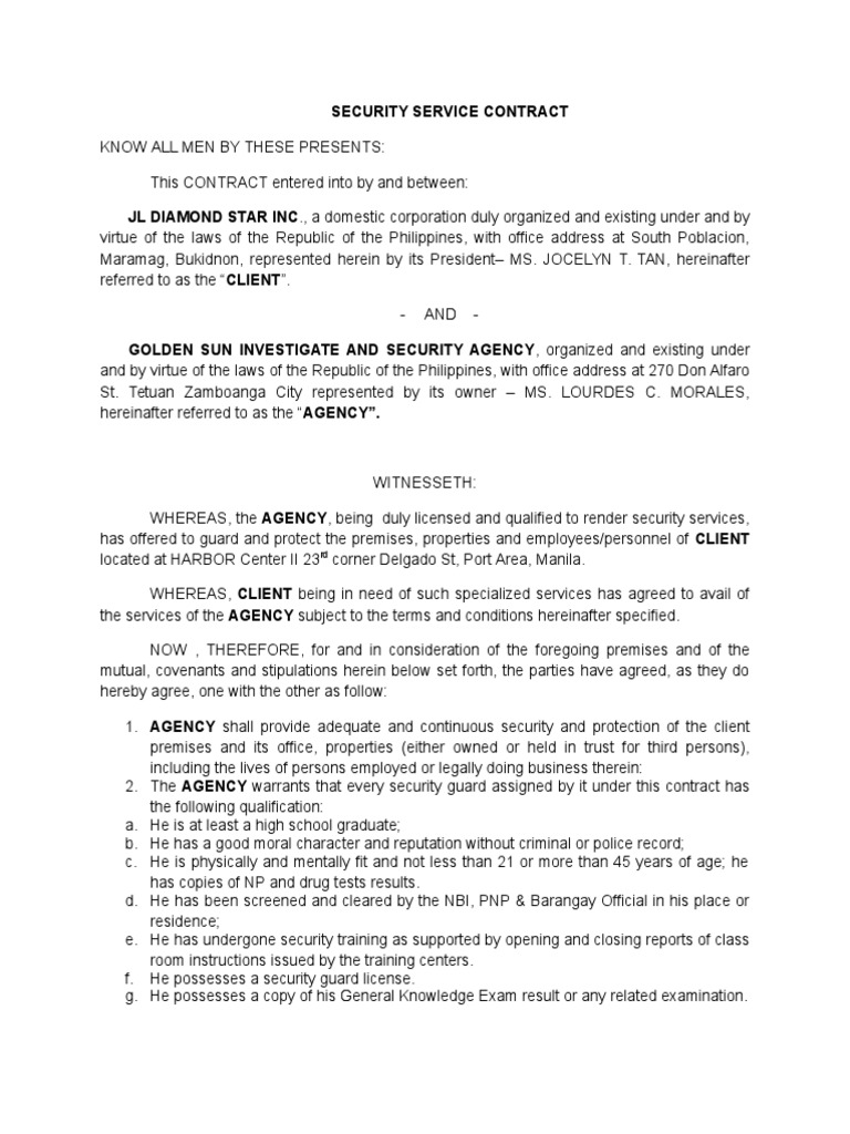 Security Service Contract Agreement | PDF | Security Guard | Employment