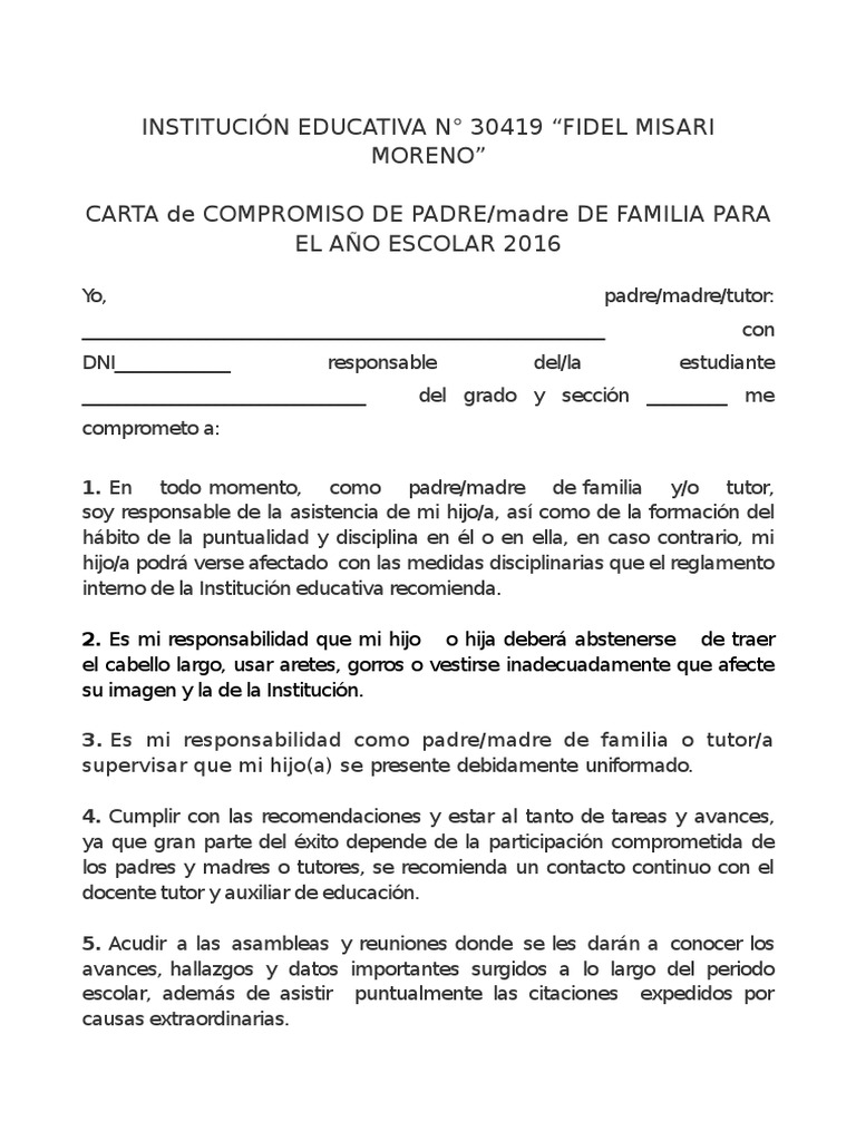 Carta de Compromiso para Los Padres de Familia | PDF | Enseñando y ...