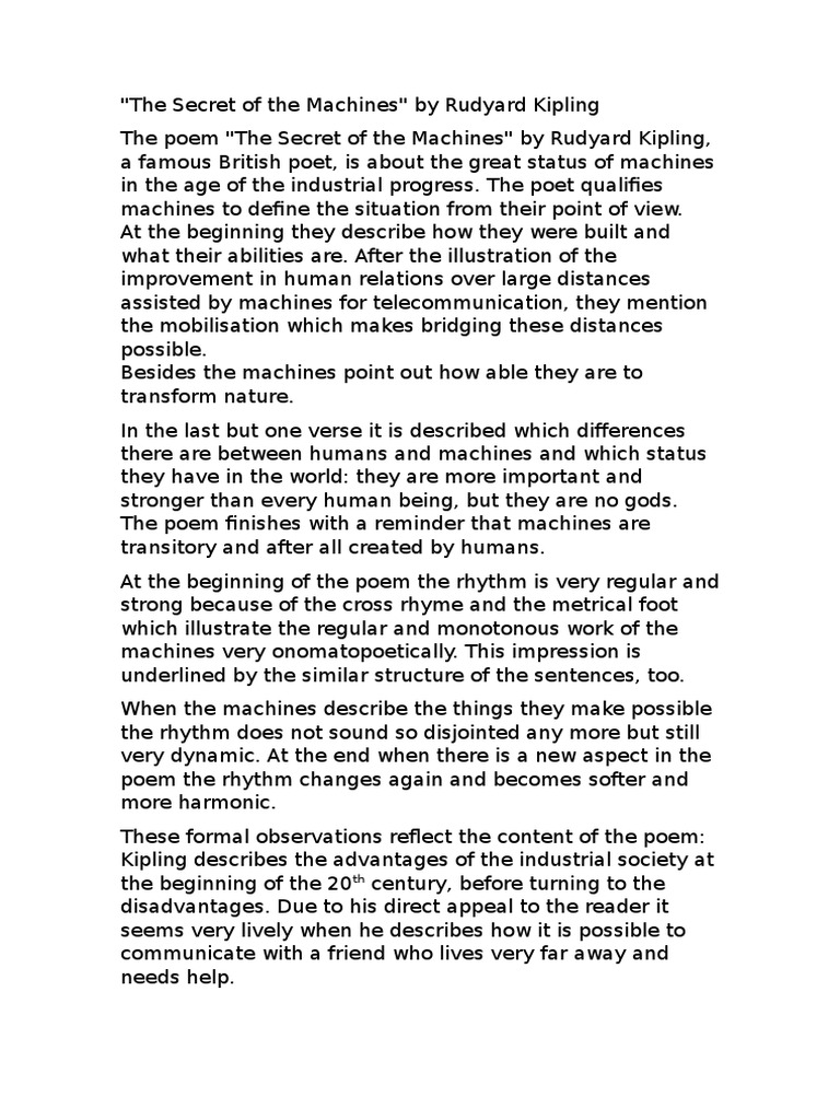 The Secret of the Machines Rudyard Kipling Poetry