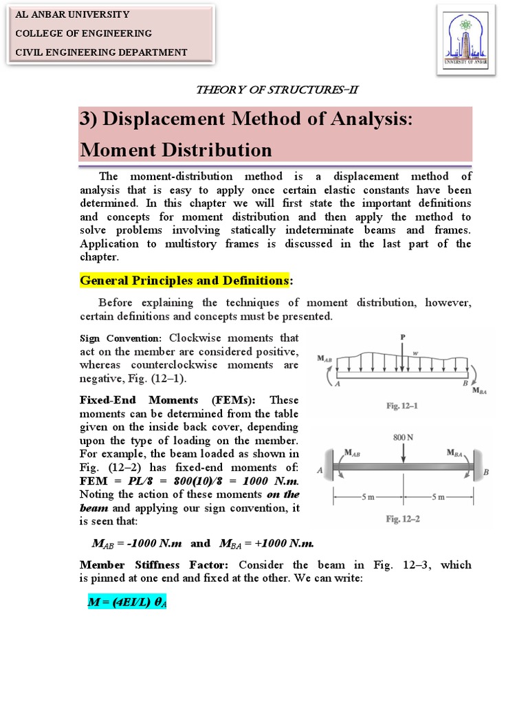 3) Displacement Method of Analysis: Moment Distribution: General ...