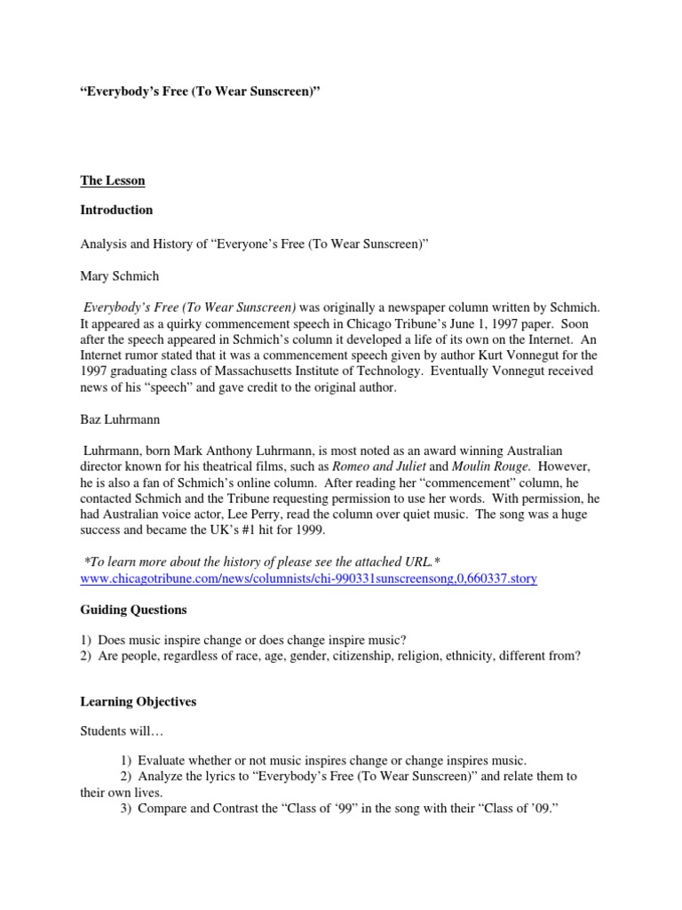 Free To Wear Sunscreen | PDF | Communication for Everybody S Free To Wear Sunscreen Lyrics Printable