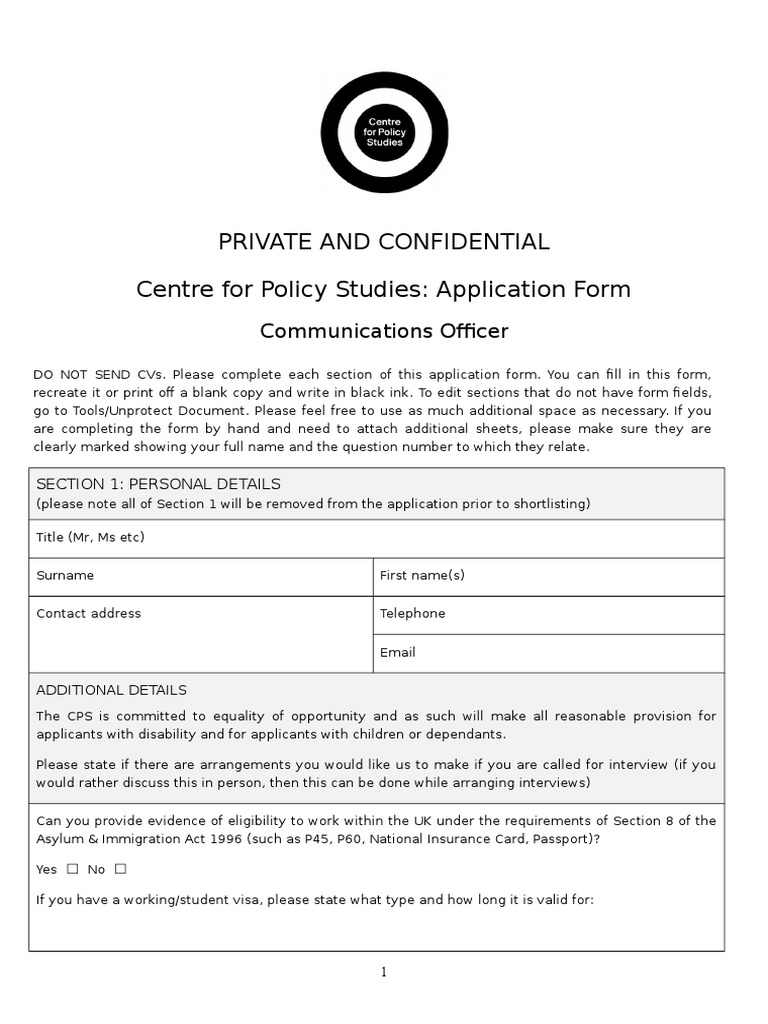 CPS Communications Officer Application Form | PDF | Employment | Travel ...