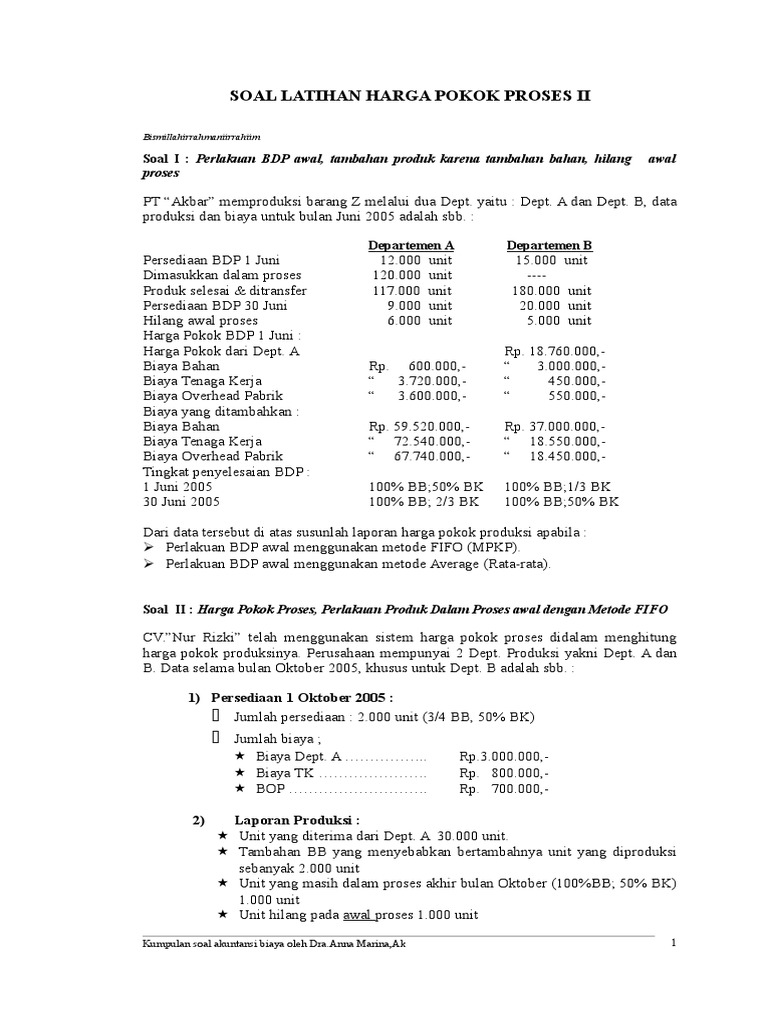 Contoh Soal Laporan Harga Pokok Produksi 2 Departemen
