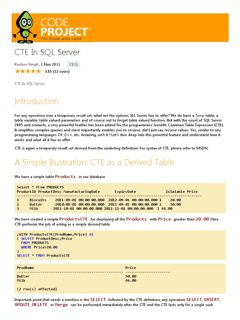 CTE in SQL Server - CodeProject | PDF | Microsoft Sql Server | Data ...
