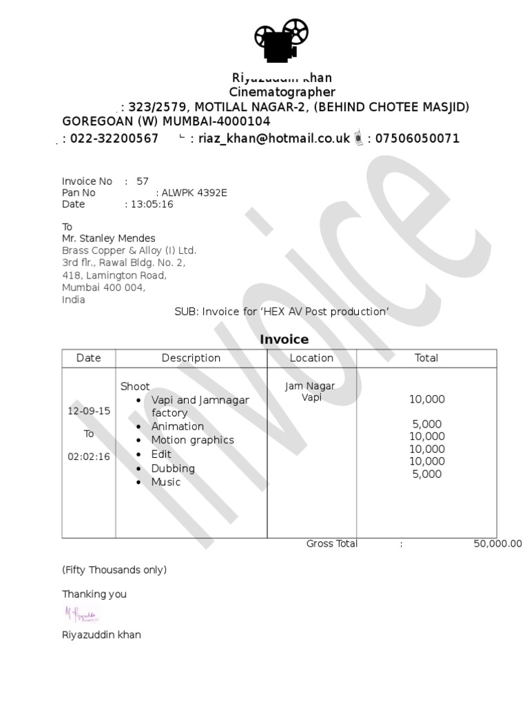 Invoice for HEX AV Post Production | PDF | Copper | Metals