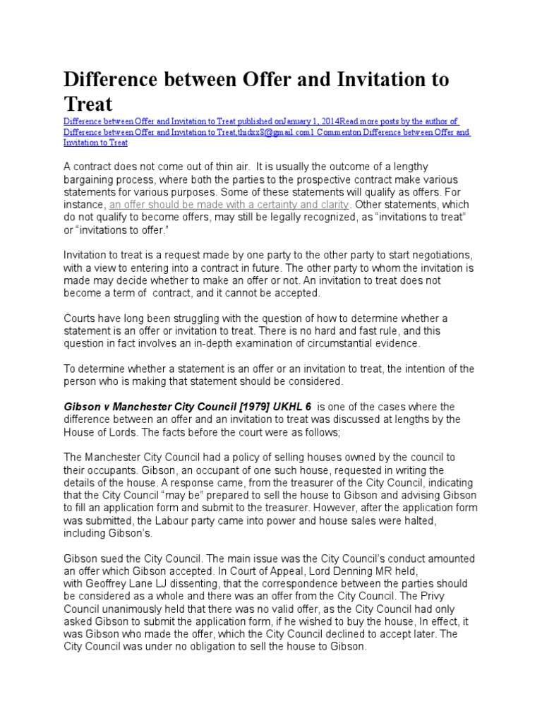 Difference Between Offer and Invitation to Treat | Private Law