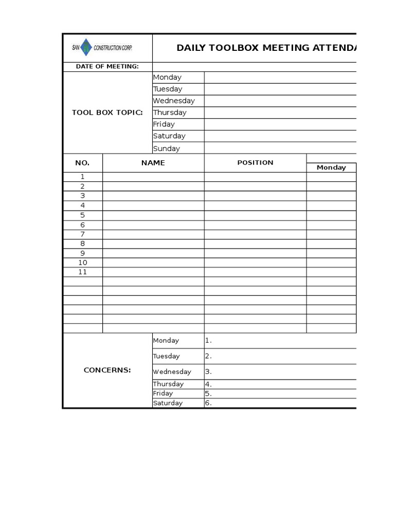 Daily Toolbox Meeting Attendance Sheet PDF