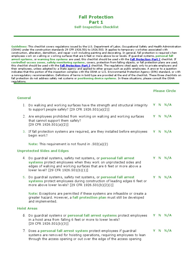 Fall Protection Part 1 Cklst | Occupational Safety And ...