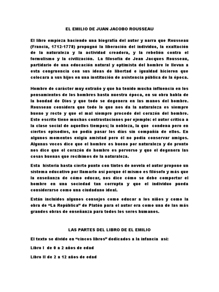 El Emilio de Rousseau Resumen Emile,