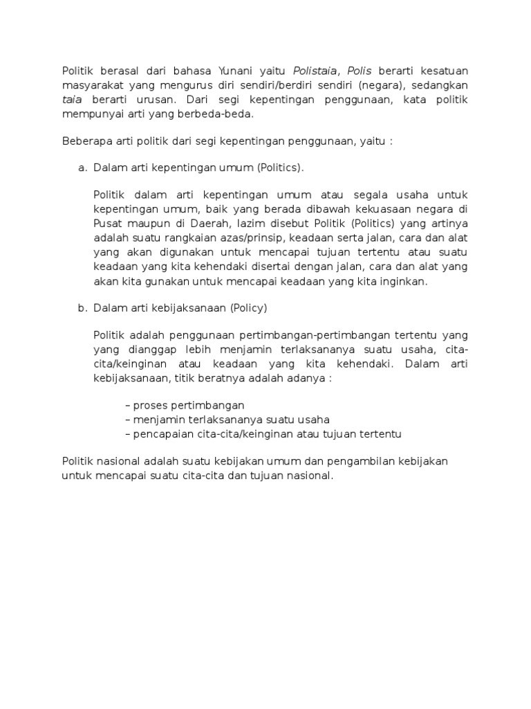 Politik Berasal Dari Bahasa Yunani Yaitu Polistaia