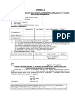 Appendix - 2 Form of Application For Issue of Duplicate Certificate/Marklist of Higher Secondary Examination