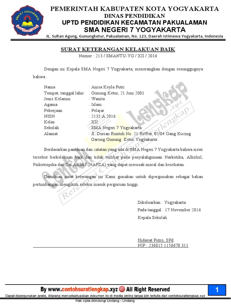 Contoh Surat Keterangan Berkelakuan Baik