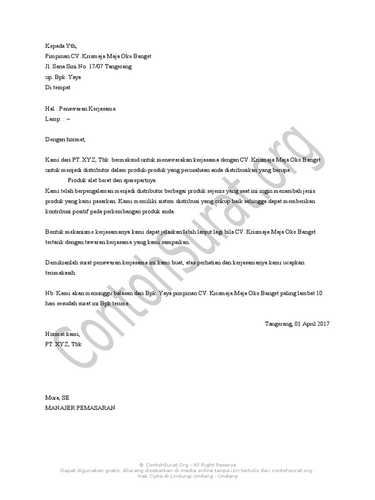 Contoh Surat Penawaran Kerja Sama Menjadi Distributor Produk 1
