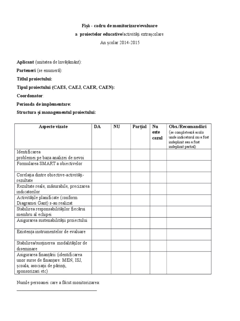 Fisa De Monitorizare Proiecte Educative Extrascolare