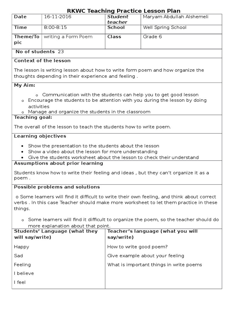 Grade 6 Form Poem Lesson Plan | PDF