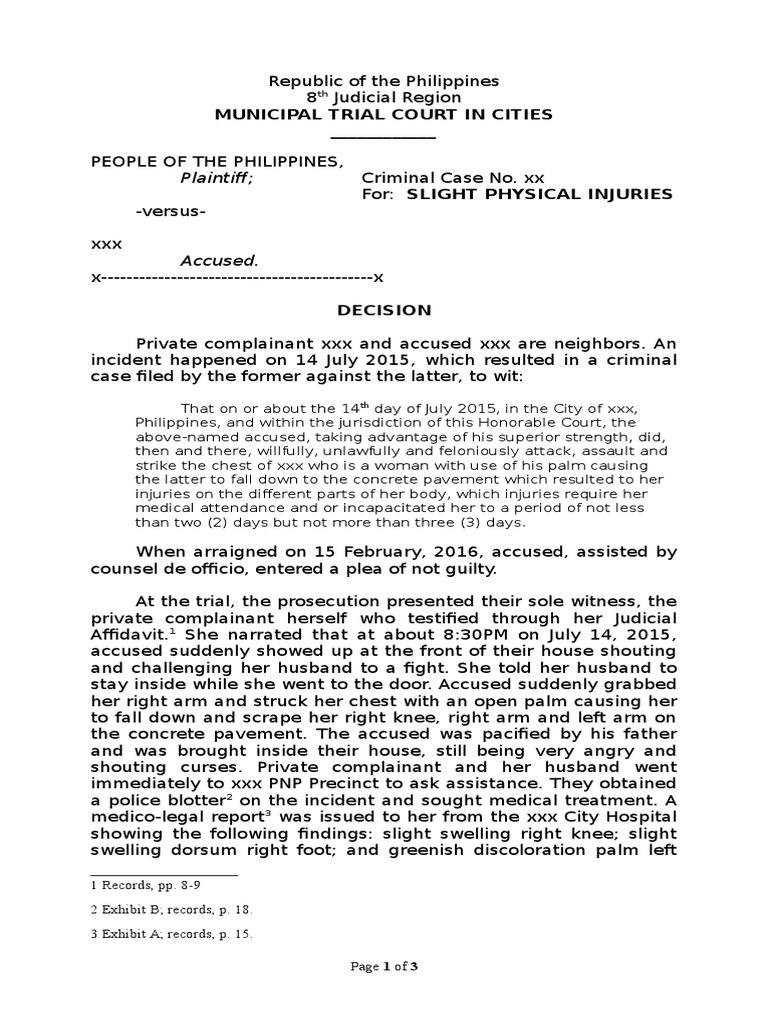 Decision Slight Physical Injuries Plea Crimes