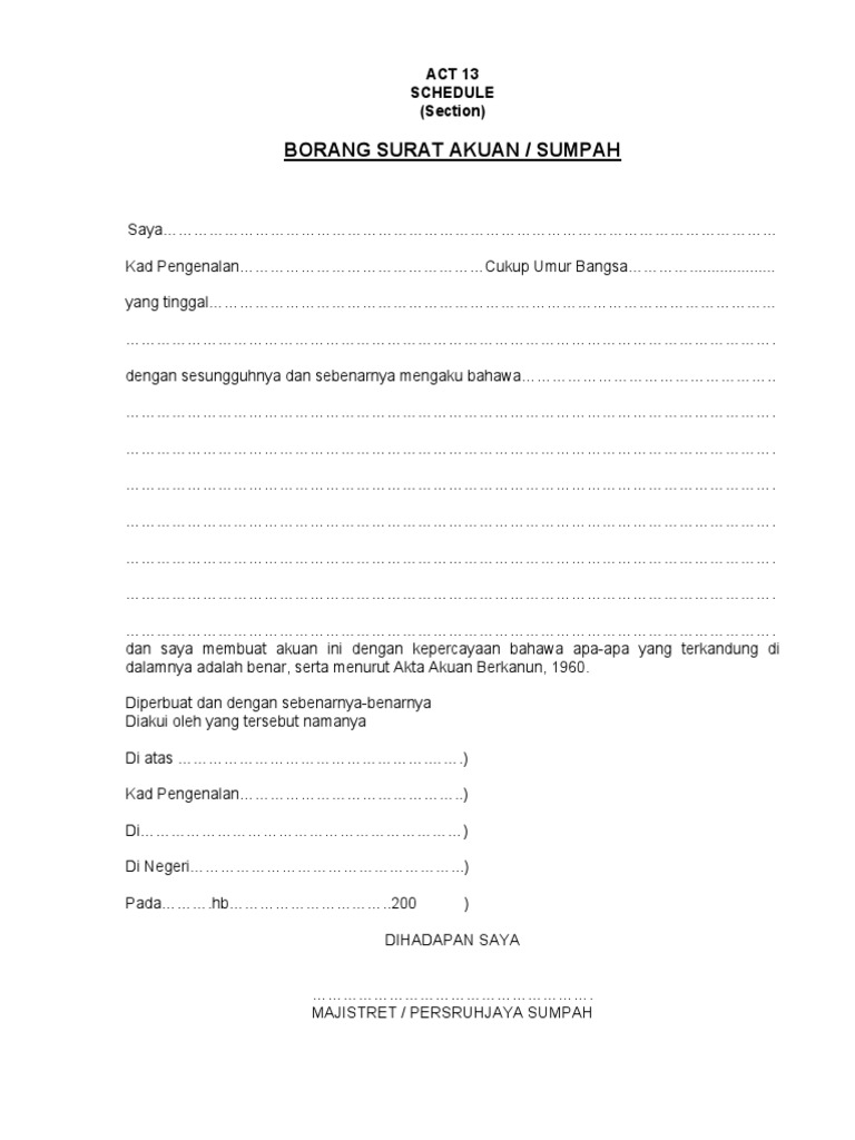 Act 13 Schedule Surat Akuan