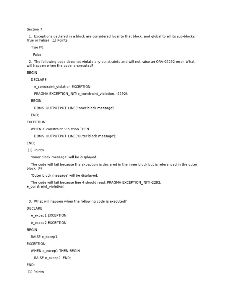 Oracle PL/SQL Exception Handling Quiz | PDF | Computers
