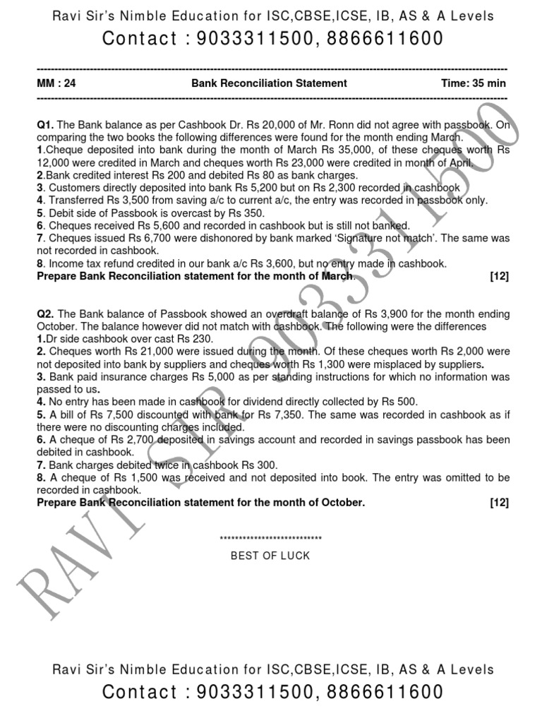 Bank Reconciliation Practice | PDF | Finance & Money Management
