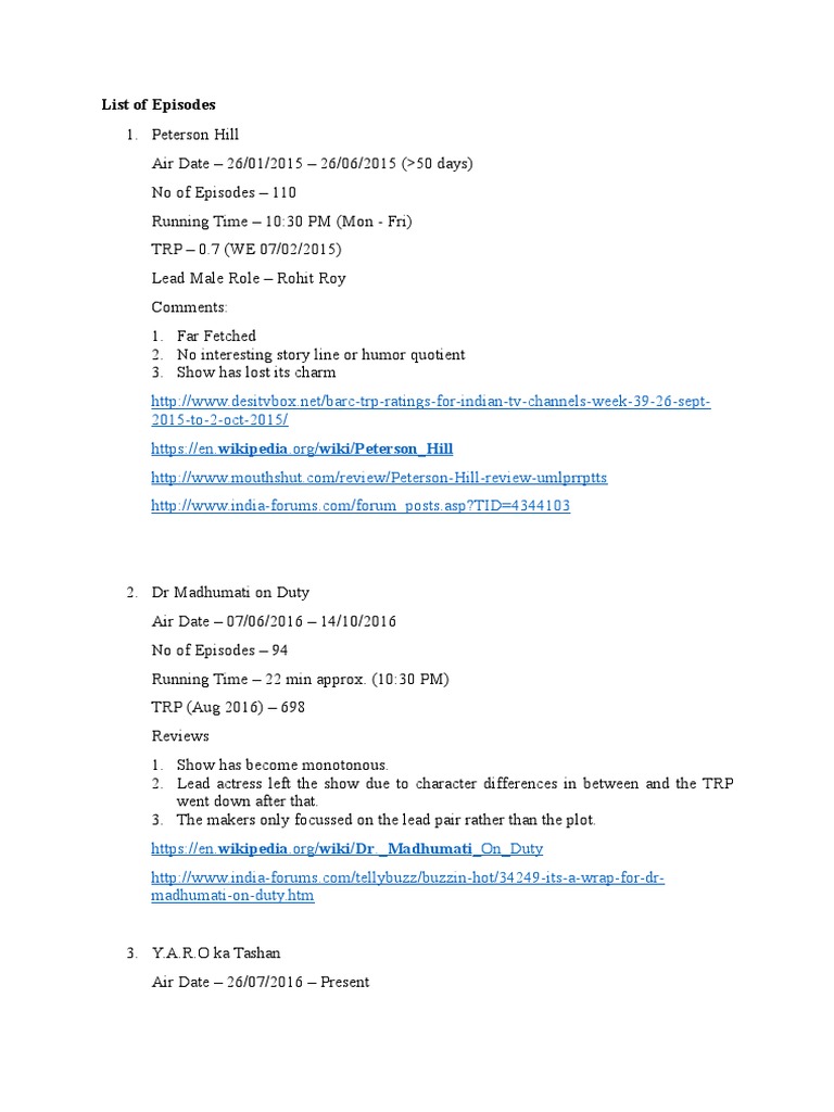 Overview of Indian TV Series Episodes | PDF | Entertainment ...