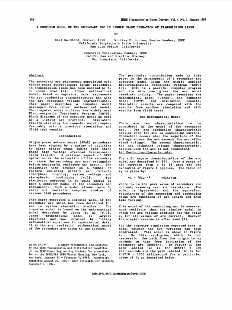 Secondary Arc Model for Transmission Lines | PDF