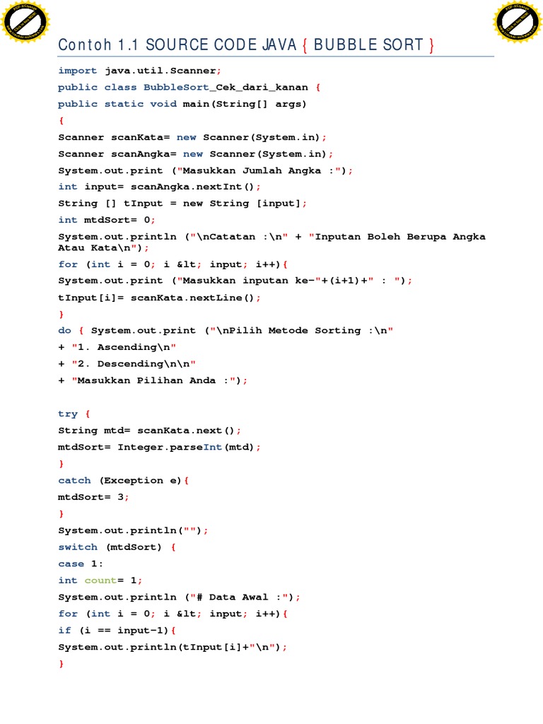 Contoh 1.1 Source Code Java Bubble Sort: Import Public Class Bubblesort ...