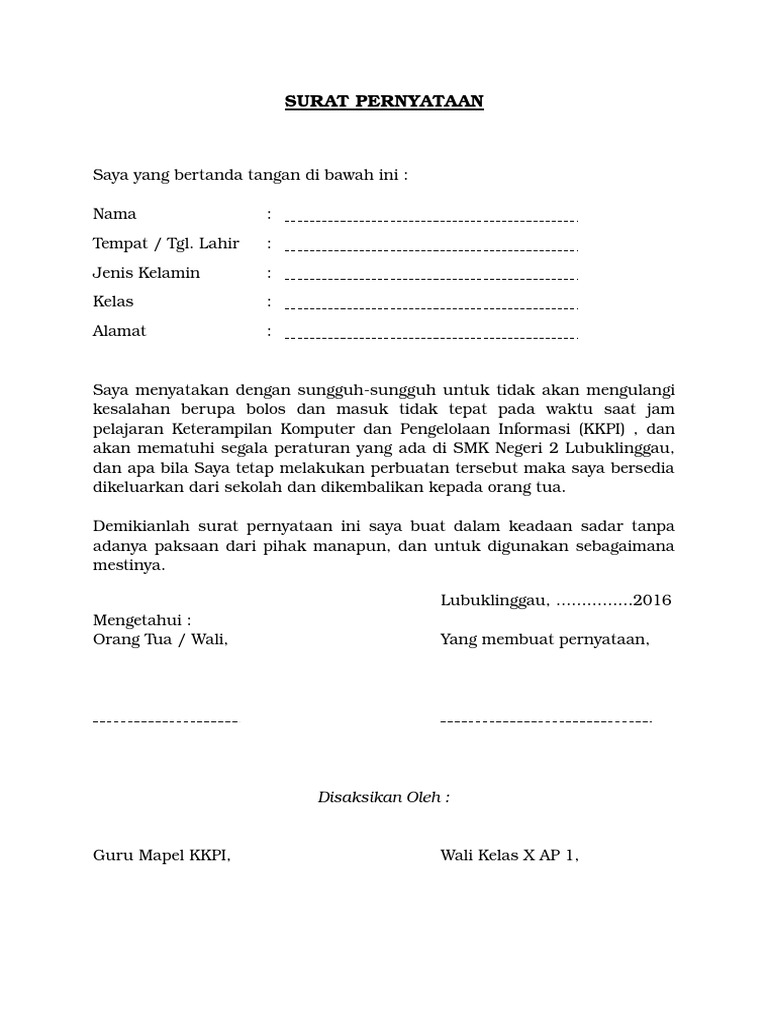 5 Contoh Surat Pernyataan Tidak Melakukan Pelanggaran Siswa File Word