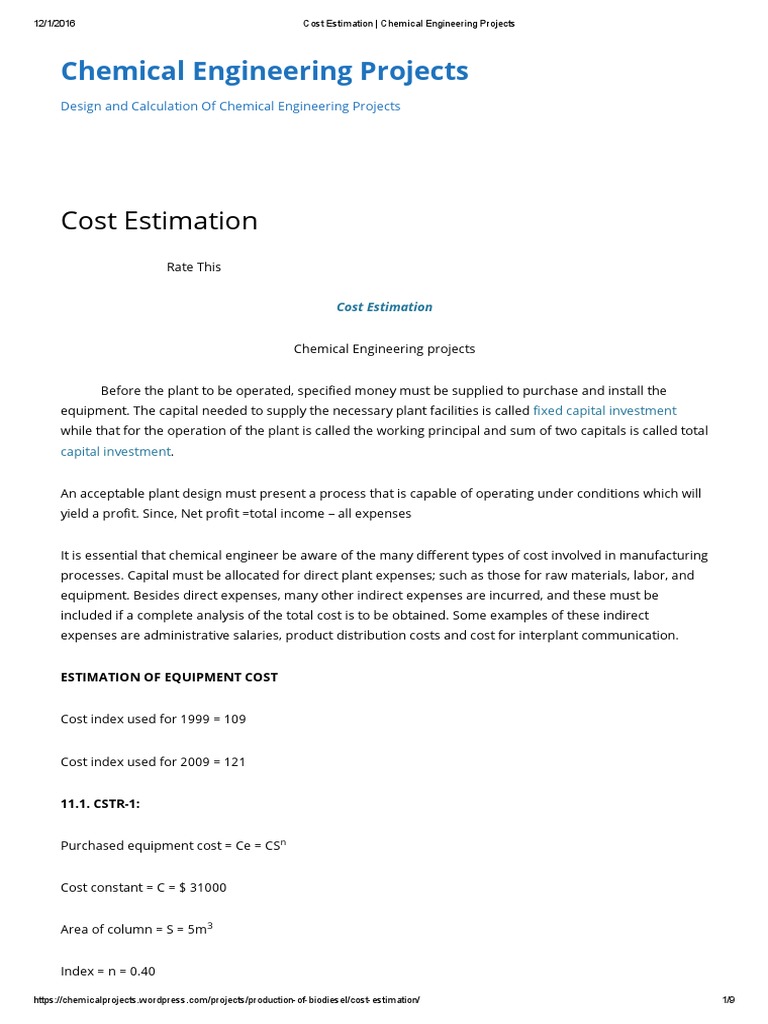 PRIMER Cost Estimation Chemical Engineering Projects PDF