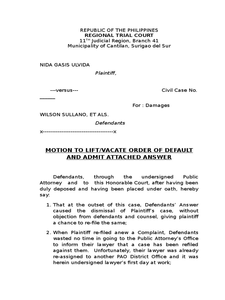 Motion To Lift Order of Default PDF Complaint Lawyer