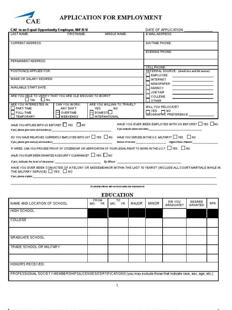 CAE Employment Application Form | PDF | Military Discharge | Race And ...