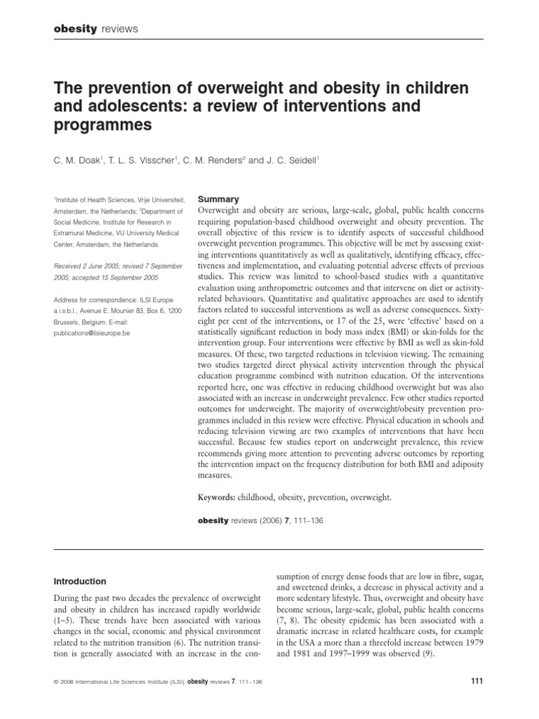 The Prevention of Overweight and Obesity in Children and Adolescents A ...
