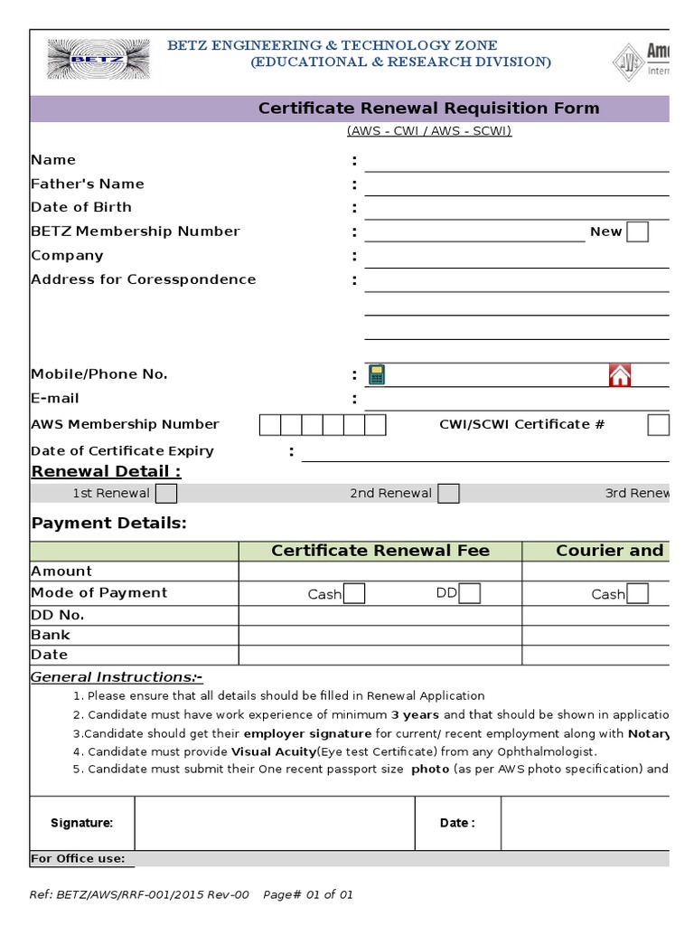 Certificate Renewal Requisition Form for AWS-CWI/SCWI Certifications | PDF