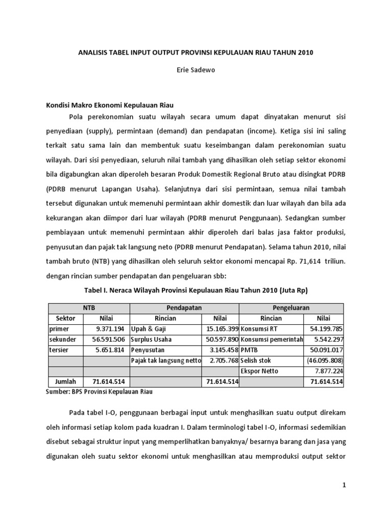 Analisis Tabel Input Output Provinsi Kepulauan Riau Tahun 2010 | PDF