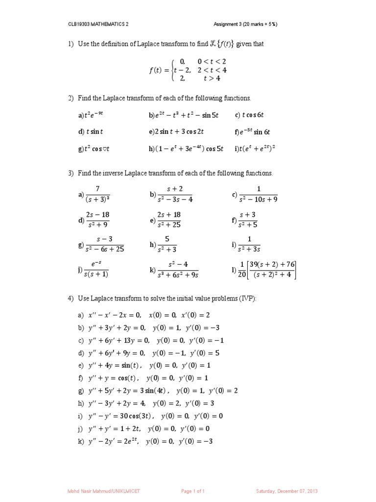 Laplace Transform Assignments Guide | PDF
