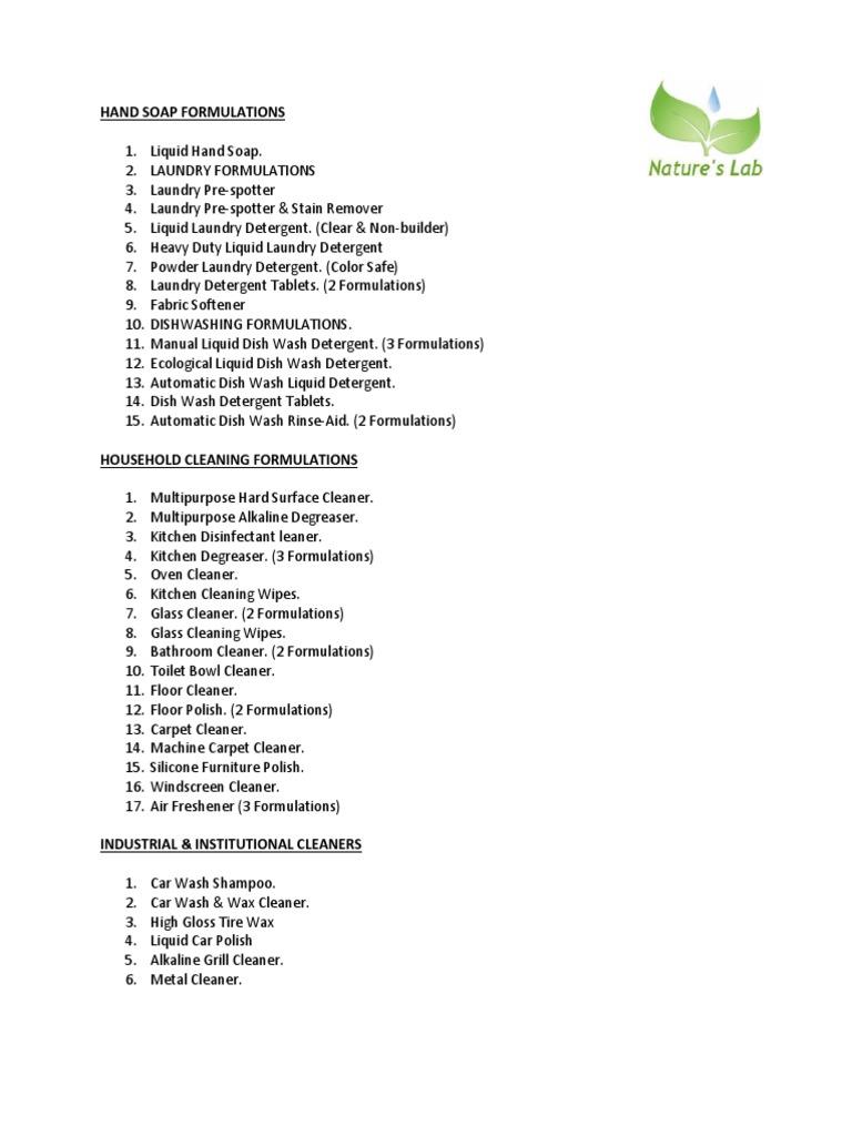 Comprehensive Cleaning Product Formulations | PDF | Detergent | Dishwasher