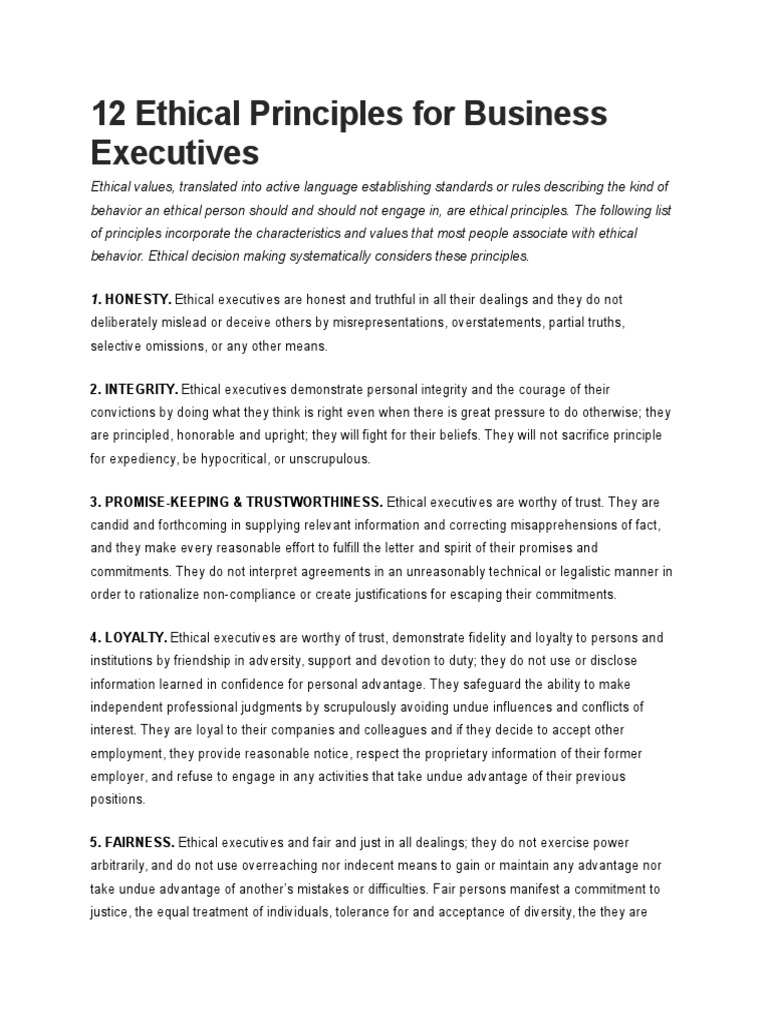 12 Ethical Principles For Business Executives Integrity Dignity