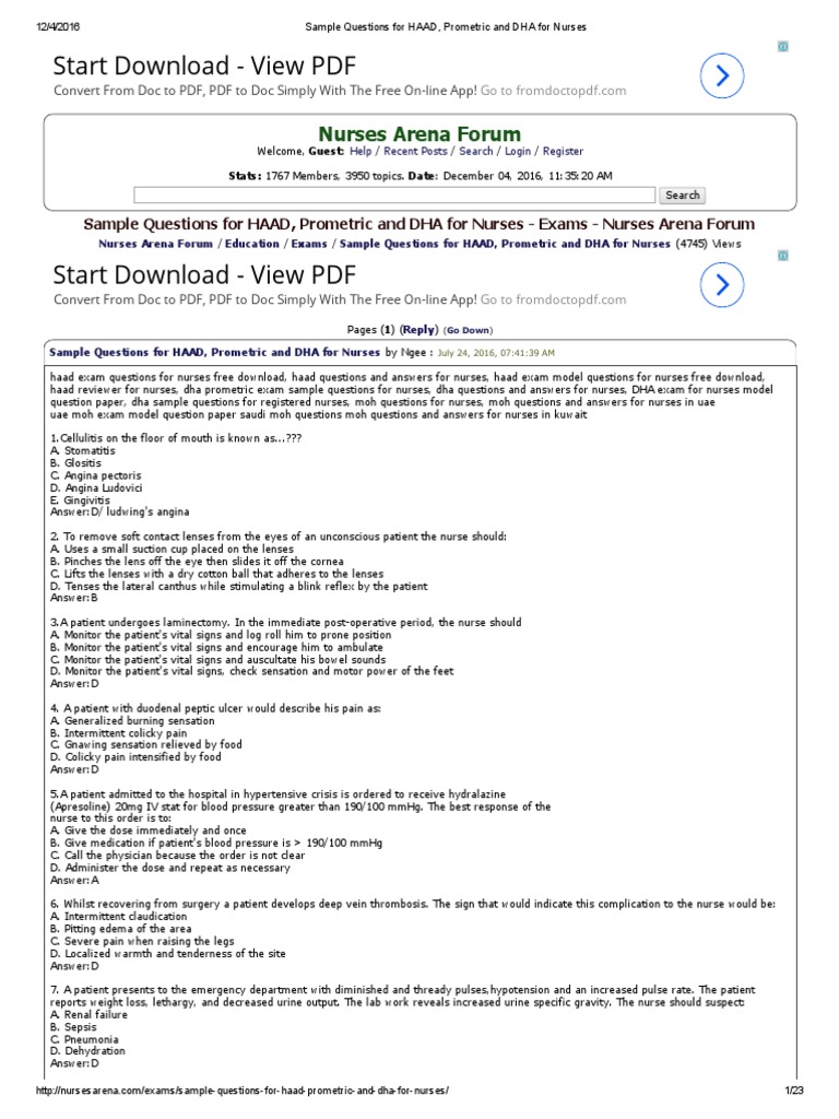 Sample Questions For HAAD, Prometric and DHA For Nurses Urinary