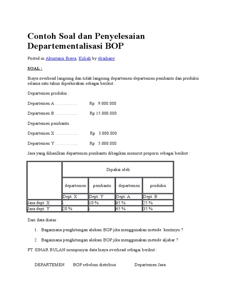Contoh Soal Departementalisasi Biaya Overhead Pabrik