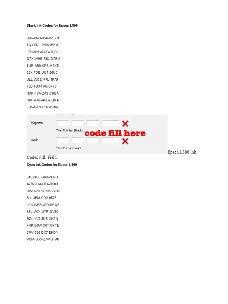 Epson L800 Ink Codes Fill Field | PDF