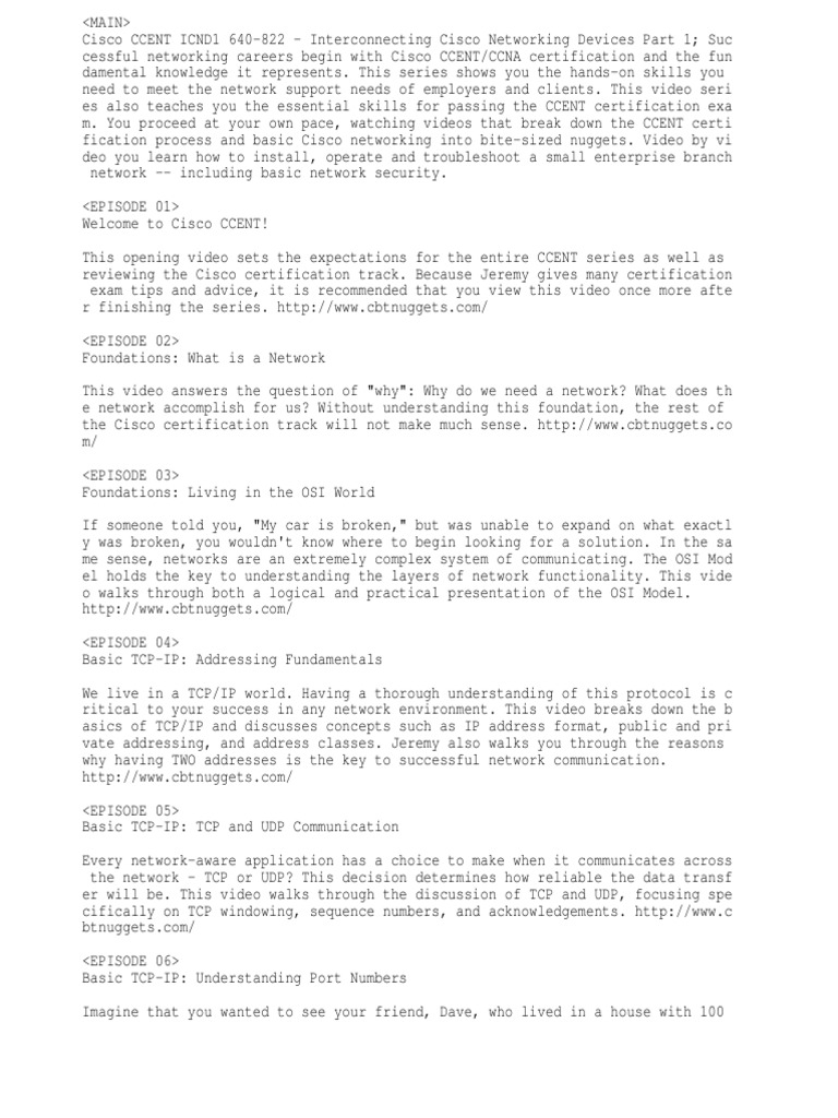CBT Nuggets Ccent & Ccna Season 1 List PDF Cisco Certifications