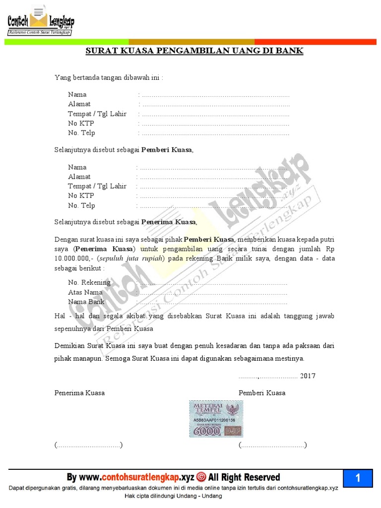 Contoh Surat Kuasa Pengambilan Uang Di Bank  PDF