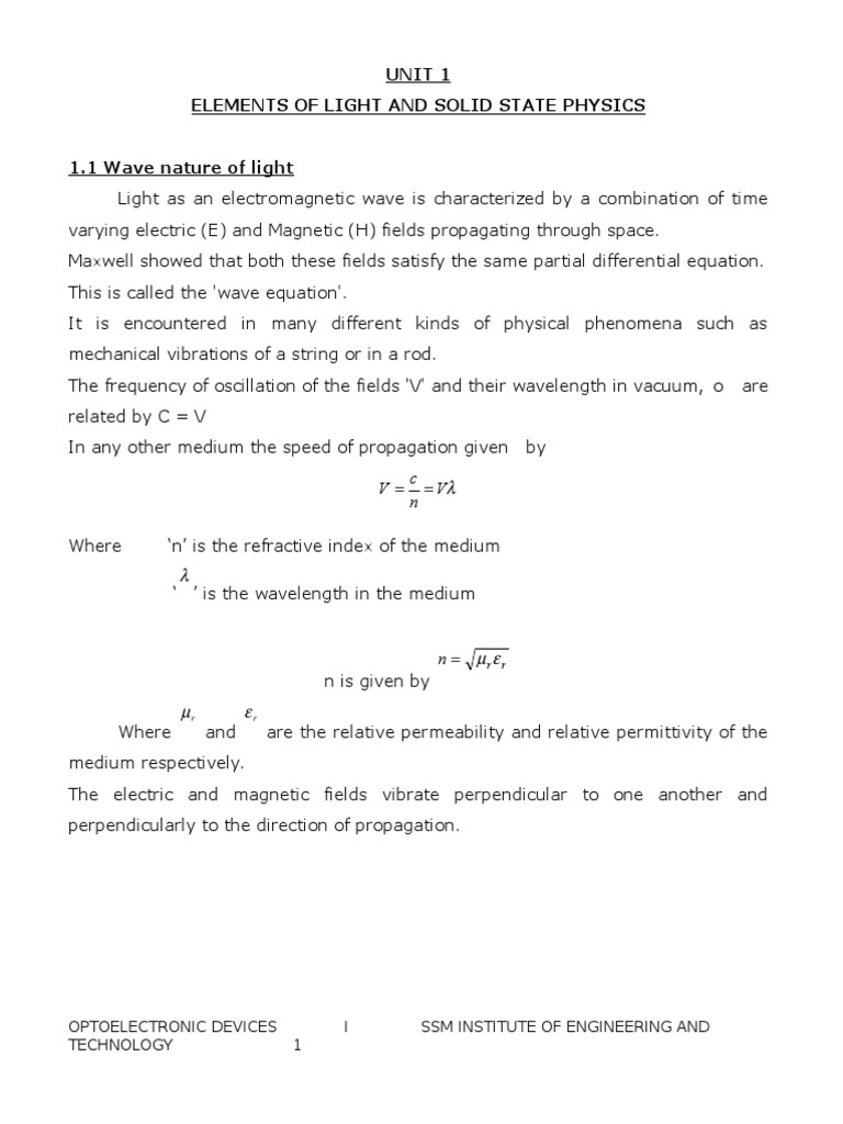 Opto Electronics Notes PDF Semiconductors Diffraction