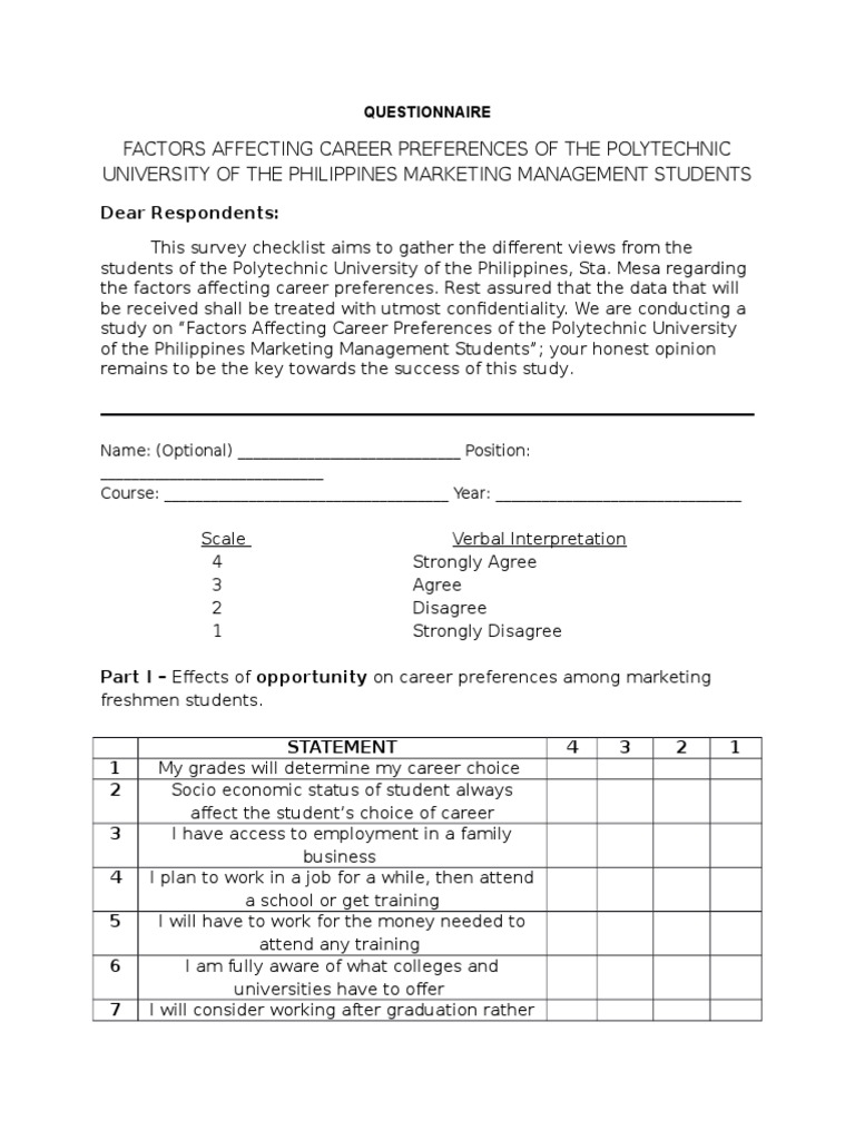 Career Preferences Survey for Students | PDF | Survey Methodology ...