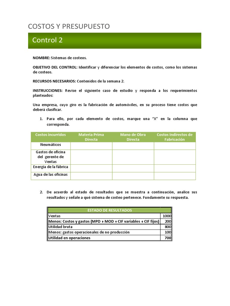 Control 2 Costos y Presupuesto | PDF