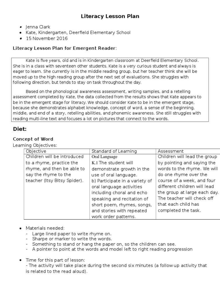 Lesson Plan For Emergent Literacy Lesson PDF Reading (Process