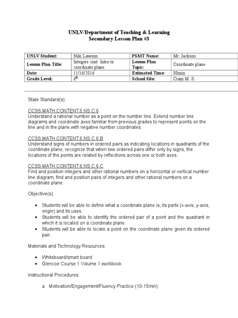 Coordinate Plane Lesson Plan for 6th Grade | PDF | Cartesian Coordinate ...