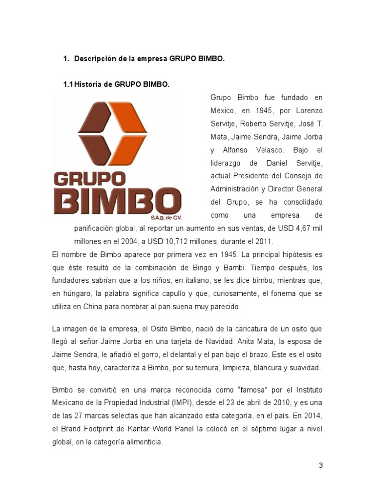 Descripción de La Empresa GRUPO BIMBO Panes Horneando