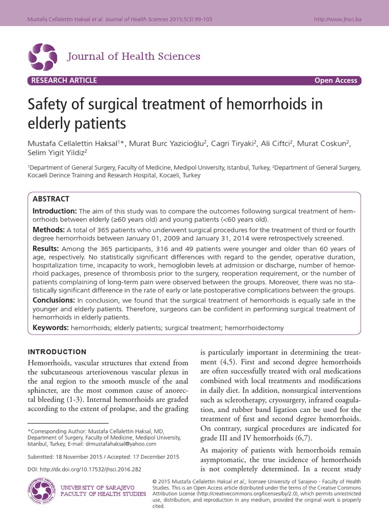 Safety of Surgical Treatment of Hemorrhoids in Elderly Patients PDF
