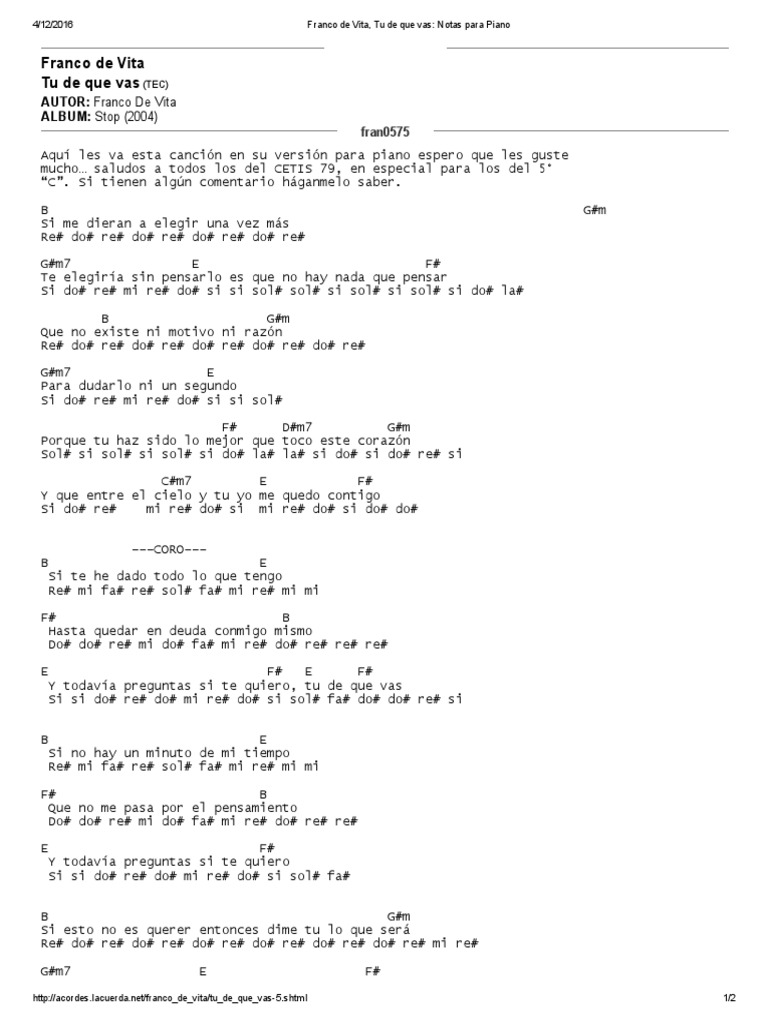 notas , Tu de Que Vas_ Notas Para Piano Ocio Entretenimiento (general)
